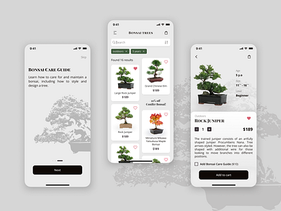 Bonsai plant shop mobile app app app design application design figma market place mobile plant shop product card shop ui ux
