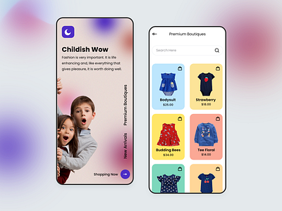 Kids Shop App app branding card clean ui designs dress dribbble gradient kids app logo mobile app ui rijurajan shoping simpledesign typogaphy uidesign uiux webdesign