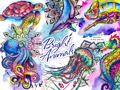 Set of bright watercolor animals drawing with paints graphic design traditional materials watercolor animals watercolor illustration