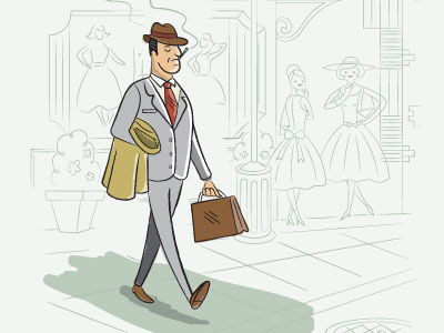 Character 60s advertising briefcase business character coat hand hat illustration madmen posters radio show suit tv