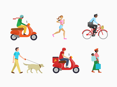 People bicycle bikes humans iconography icons illustration people pizza postman running