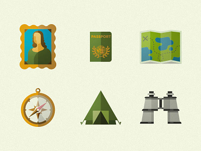 Exploring Icons binoculars compass explore map mona lisa passport tent travel