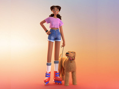 Roller Bae 3d 3d animal 3d character animal cgi character clean color dog exercise girl maya rollerblade summer walk the dog