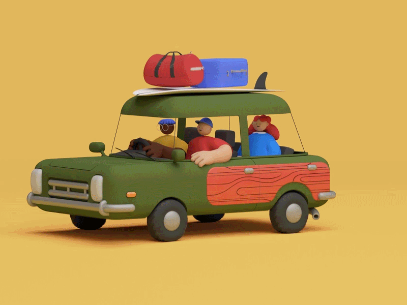 Roadtrip Pals 3d art 3d characters bags car characters family friends fun gif luggage motion people roadtrip surfboard vacation