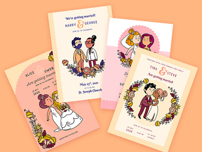 Illustrated wedding invitations card character couple designs illustration invitation love template vector wedding
