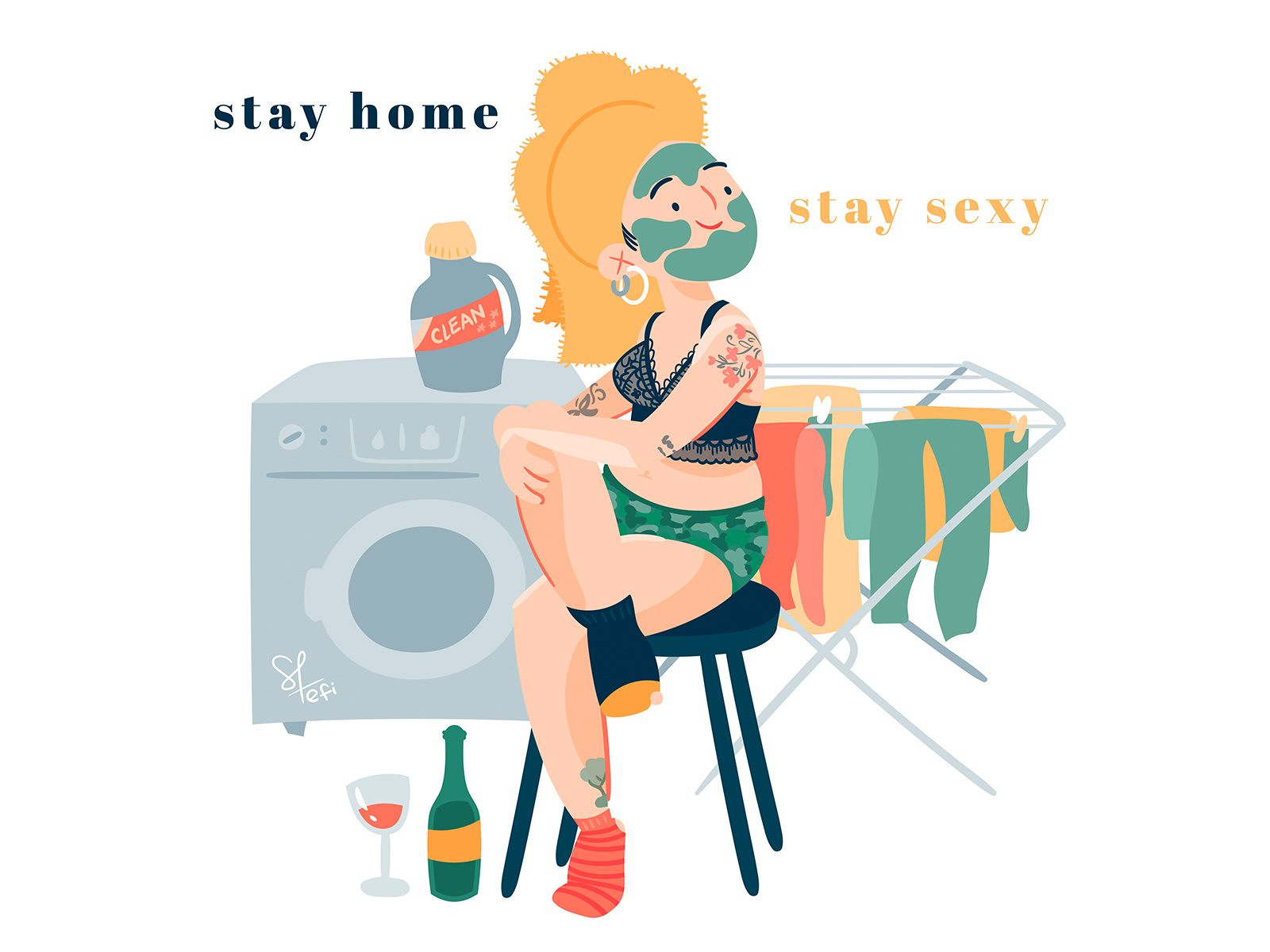 Stay home, stay sexy character cloth coronavirus covid19 face mask girl illustration laundry self love sexy treat yourself underwear vectors washing