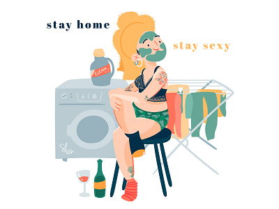 Stay home, stay sexy character cloth coronavirus covid19 face mask girl illustration laundry self love sexy treat yourself underwear vectors washing