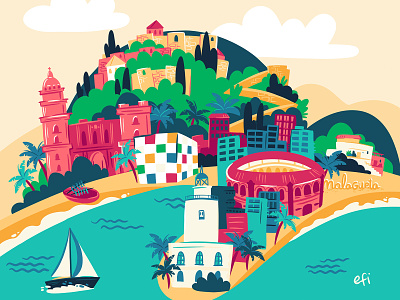 Malaga, Spain beach city coast illustration ladscape landmark malaga mediterranean procreate skyline spain