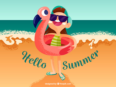 Hello Summer beach children flamingo freepik illustration sand sea summer vector