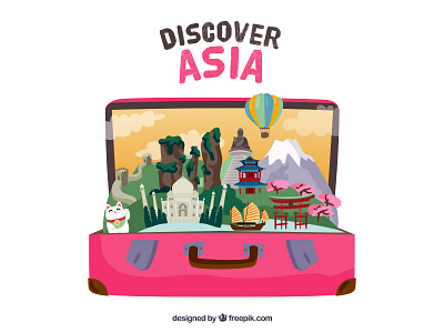 Discover Asia asia china discover freepik illustration india japan kilimanjaro suitcase travel vector