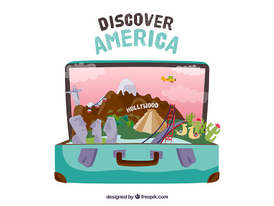 Discover America america brazil chichen itza discover freepik golden gate hollywood illustration island pascua sao paulo suitcase travel vector