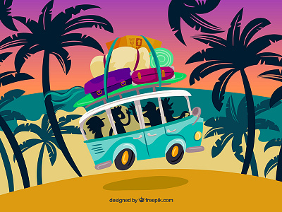 Roadtrip travel with friends bags family freepik friends hippie illustration palm beach palms roadtrip summer travel trip van vector