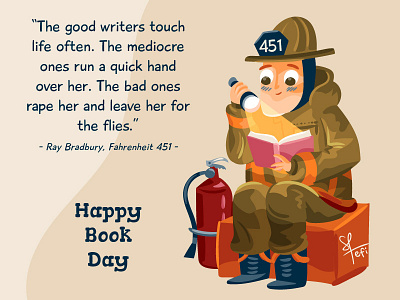 World Book Day autor book book cover bradbury character extinguisher farenheit firefighter flat freepik helmet illustration reader reading uniform vector writer