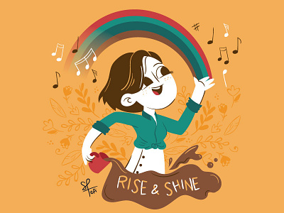 Morning people character coffee flat flowers girl happy illustration morning music rainbow vector