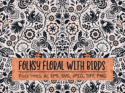 Spritely folksy floral with birds seamless vector pattern