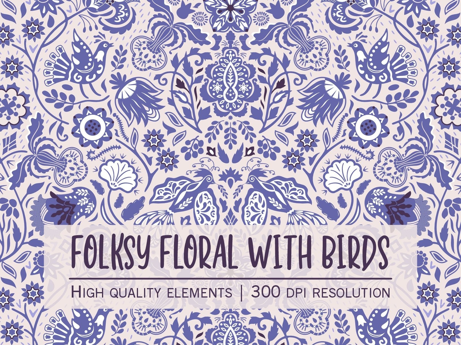 Spritely folksy floral with birds violet-blue vector pattern by Dina on ...