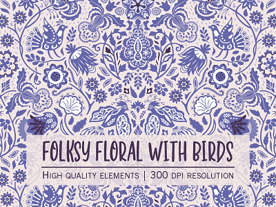 Spritely folksy floral with birds violet-blue vector pattern birding birds chicken design farmhouse floral flowers folk art folksy illustration leaves pattern plants seamless stylizied