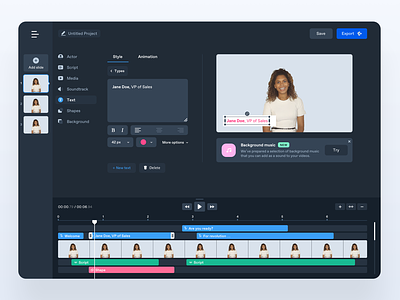 Create an avatar video presentation dark theme dark ui timeline user interface video tool web interface website website concept