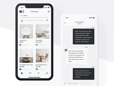 Luxury furniture app app chat clean design fresh furniture app ios iphone x listing luxury messages minimal minimalistic mobile ui white