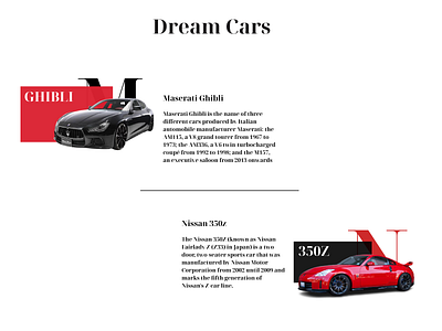 Dream cars 350z app automobiles blogpost car design ghibli graphic design illustration maseratti nissan ui ux webdesign website