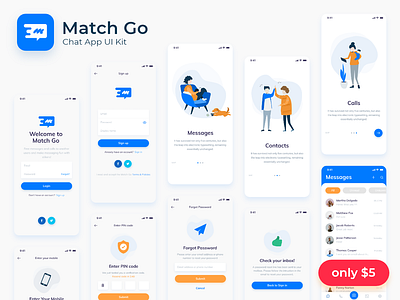 Match Go – Chat App UI Kit animation chat dark theme light theme message messages messenger mockup ịphone music app ui kit ui now design