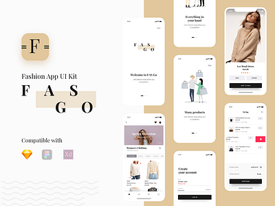 F A S G O - Fashion App UI Kit animation chart chat dark theme fashion message messenger mockup ịphone music app ui interaction ui kit ui now design women