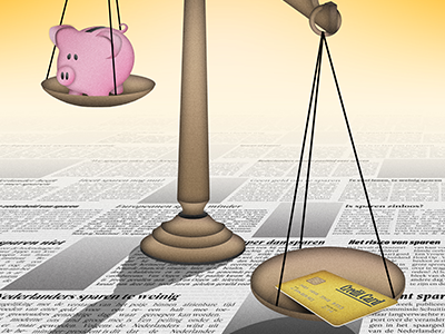 Saving vs. spending card credit money pig saving scale spending weighing