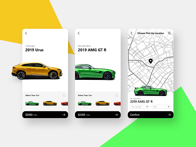 Luxury Car Rental App android app car card design design green ios lamborghini luxurious luxury map mercedes benz minimal rent ui ux uxui vector vehicle yellow