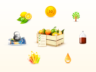 Rosinka icons 1 bottle box drink fruit icons lemons orange