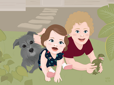 Playing in the yard. child child illustration dinosaur dog illustration ilustración kids niños puppy t rex yard