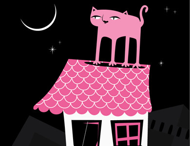 Gatito art cat illustration night pink roof vector