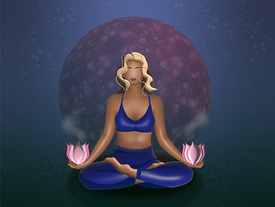 Girl and lotuses 3d background design girl graphic design illustration lotus position lotuses moon night postcard yoga