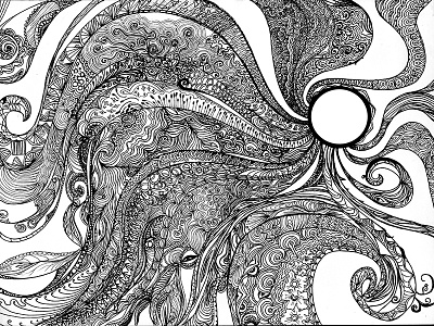 Peacockdreams black and white detailed hand drawn illustration line art pattern