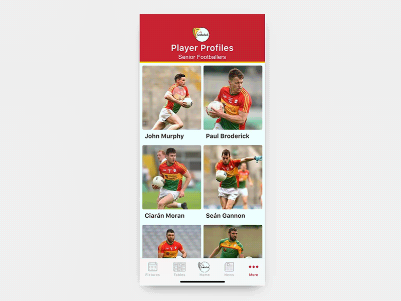 Carlow GAA App - Player Profiles animation app cards football gaa invision studio ios mobile motion scroll sport ui
