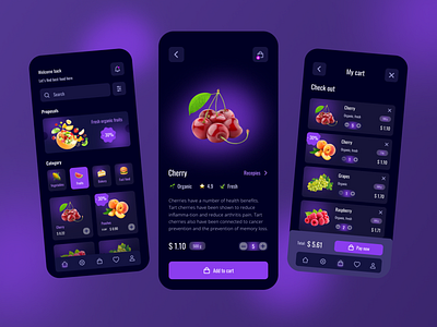 Grocery List App Concept app dark mode food grocery list menu mobile app my cart product purple ui