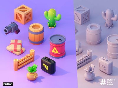 Stylized Game Assets 3d 3d illustrations 3dgame bag barrel blender blender illustrations blenderartwork box cactus fence gameart gamedev gun illustration lowpoly lowpoly games lowpolyart stylized stylized art