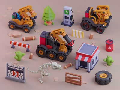 Dig For Museum Assets 3dart 3dillustrations barrel bones cactus cartoon dinosaur fence games illustration lowpoly mangam mobilegames museum plant truck wheel