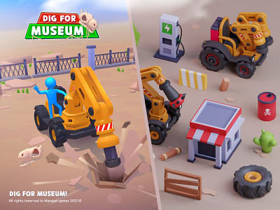 Dig For Museum! 3d barrel battery blender dinosaur game gameart lowpolyart tractor