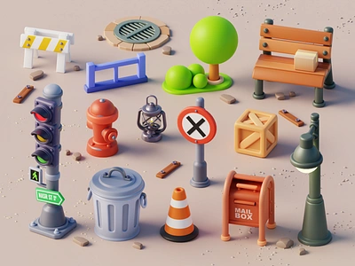 Street Assets 🌞🌴🔥 box camera cartoon caution colorful cone design desk dribbble games illustration lights mobilegames street traficlight wood