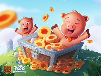 Word Farm Cross cartoon chest chestcoins coins crosswords digital farm games happy illustration pig puzzle word wordgames