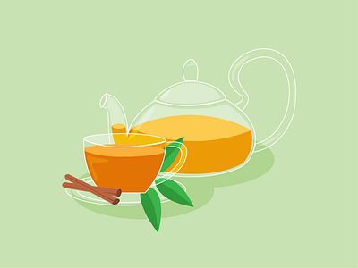 Cinnamon tea cafe cinnamon tea flat green background illustration illustration for cafe kettle menu orange restaurant tea tea mug vector