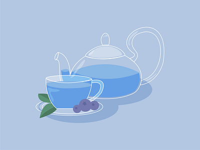 Tea with blueberries blue background flat illustration illustration for cafe kettle menu restaurant tea tea mug tea with blueberries vector