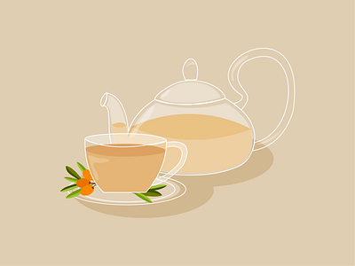 Sea buckthorn tea beige background flat illustration illustration for cafe kettle restaurant tea tea mug tea with sea buckthorn vector