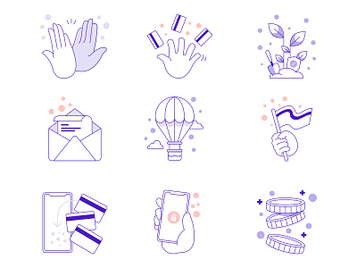 UI illustrations airballoon app branding cards clap design email flag hand highfive icon icon set illustration money phone plant purple ui