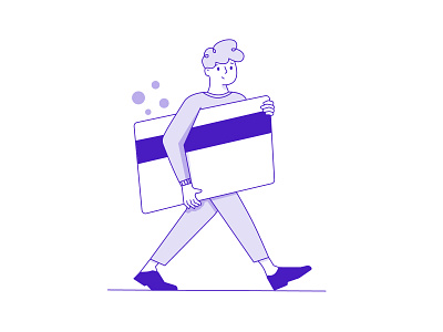 Man with card bubbles card carry happy illustraion line purple smiling ui walkind walkind
