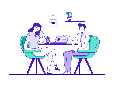 Job interview cactus chair charecter conversion icon illustration interview job laptop men office plants purple ui vector woman