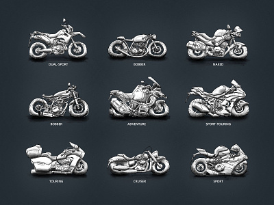 Motorcycle types, rough sketch style illustration motorbike motorcycle sketch