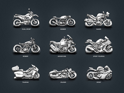 Motorcycle types, rough sketch style