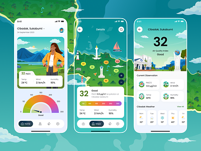 Air Quality Index: Mobile App 🌬 air quality animation app application body colorful design full screen health healthy illustration map mobile mountain nature orely product design ui ux design vibrant