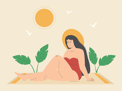 Happy plus size woman in swimsuit on the beach illustration graphic design illustration scene swimsuit vector
